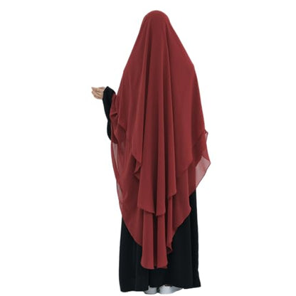 SYANKANGXIAO Ramadan Eid Khimar Abaya Turkey Islam Muslim Chiffon 2 Layers Long Hijab Dress Prayer for Women Full Cover Robe - color: Rust Red