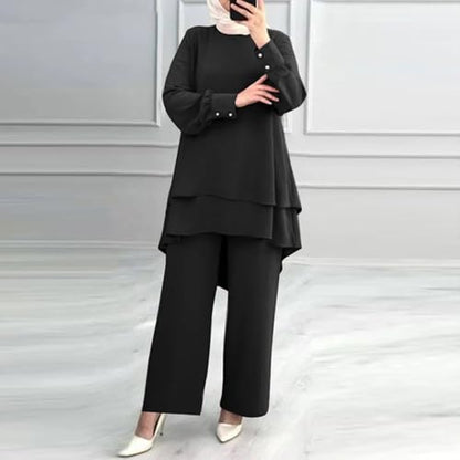 Muslim Casual 2 Piece Set For Women Long Sleeve Loose Top Wide Leg Pants Suit Plus Size Outfit Prayer Clothes - color: 1-black, size: Medium