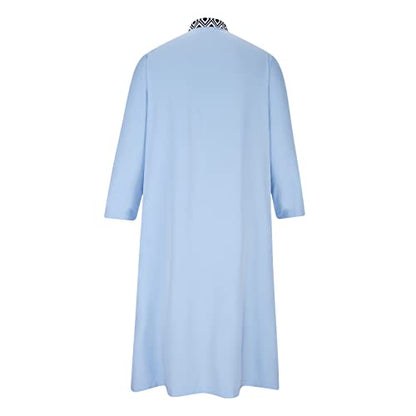 Ctreela Mens Zip V Neck Kaftan Thobe Button Down Casual Henley Shirts Long Sleeve Robe Ramadan Muslim Gown Thawb Shirts - color: Light Blue, size: Large