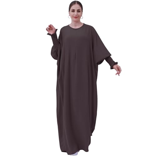 khalat Womens Muslim Prayer Dress Front Zipper Kaftan Islamic Robe Modest Solid Abayas for Women Muslim - color: Dark Coffee