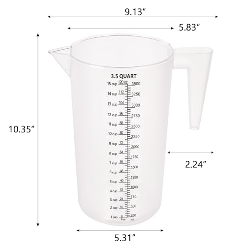 120oz Plastic Measuring Pitcher, 3500ml for Oil, Chemicals & More | Clear laser-etched markings, easy-pour spout, sturdy handle, and large 120oz capacity for measuring and mixing liquids. - size: 120 Ounces