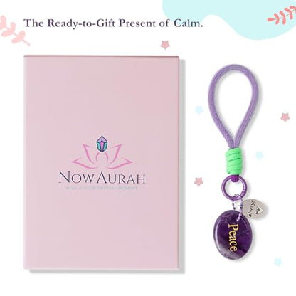 Crystal Keychain Set - Natural Healing Stones with Affirmation Cards- Worry Stone Anxiety Relief Gift - color: Amethyst.