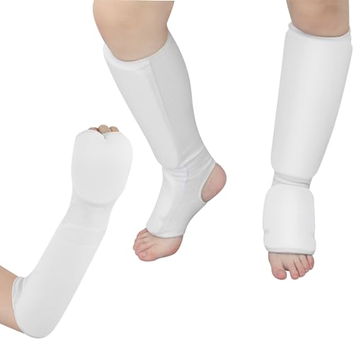 Cozypower 2 Pairs Taekwondo Sparring Gear for Kids Shin Guards and Fist Forearm Guards Protector Hand Foot Padded Arm Sleeves for Martial Arts MMA Karate Muay Thai White - color: White, size: Small