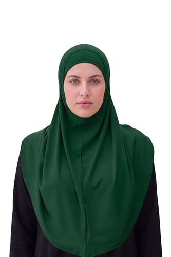 SARJANA Women's Solid Color Cotton Hijab with Under Scarf Cap Ready to Wear Stretch Scarves Long Scarfs FREE SIZE - color: Dark Green