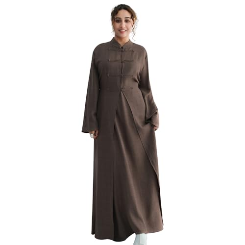 2PCS Women Muslim Abaya Dress Stand Collar Full Coverage Cardigan Dress Set - color: Mocha, size: Medium