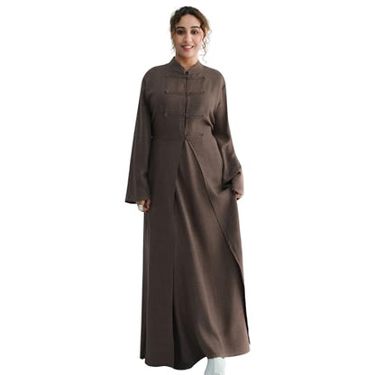 2PCS Women Muslim Abaya Dress Stand Collar Full Coverage Cardigan Dress Set - color: Mocha, size: X-Large