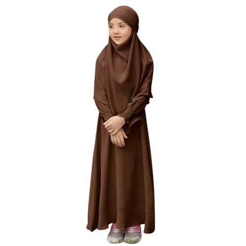 IDOPIP Muslim Dress for Girls Islamic Prayer Abaya Smocked Long Sleeve Kaftan Robe Dresses with Hijab Ramadan Dubai Outfits - color: Coffee, size: 3-4 Years
