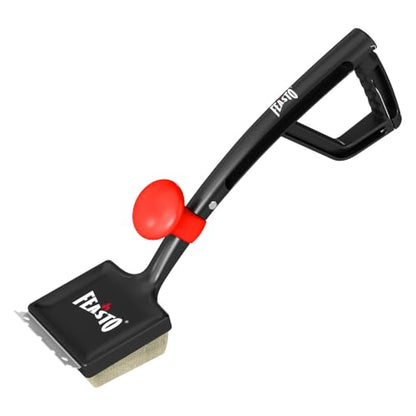 Feasto 6-in-1 Bristle-Free BBQ Grill Brush for Grill & Griddles | Interwoven-Tech & Thermal-Sensitive Sponge, Stainless Steel Scraper, 360° Rotating Knob, Bottle Opener & Grates Hook - color: Black