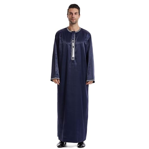 Men's Islamic Arab Kaftans Robe for Eid, Dubai Ramadan Daily Clothes - Muslim Thobe Shirt - color: B Navy, size: 3X-Large