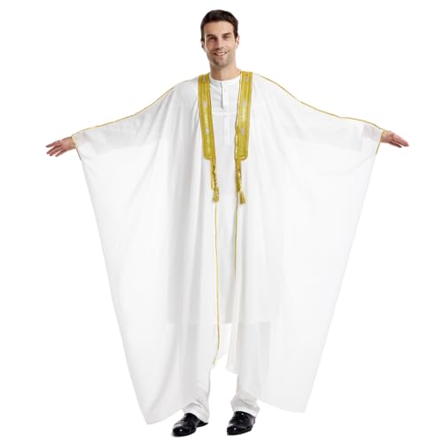 Muslim Men's Long Sleeves Embroidery Ankle Length Cardigan Robe - color: White, size: Medium