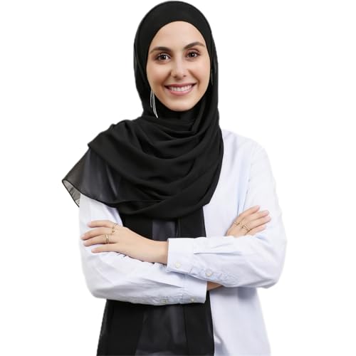 Instant Hijab Set 3-in-1 Chiffon Hijab Scarf for Women with Built-in Magnets and Undercap Head Wraps - color: Black