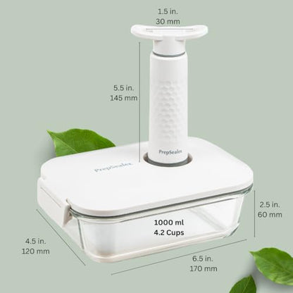 Food-Saving Glass Vacuum Container with manual hand pump. Everyday keep food fresh, Meal Prep, Marinade, Borosilicate Glass (PS-GVC-1L-Wh).
