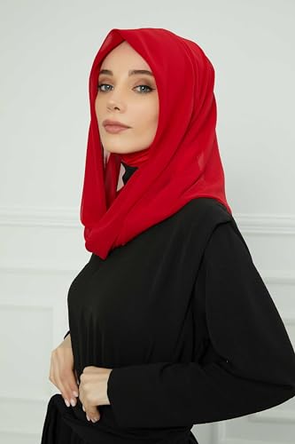 Aisha's Design Pre-tied Cotton-Chiffon Scarf for Women Practical Veil Instant Scarf Hijab Stylish Design - color: Red