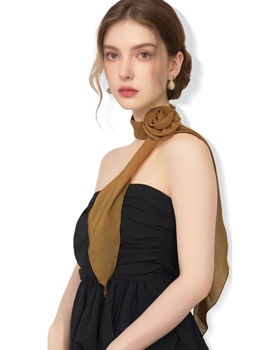 Chiffon Scarf for Women, Removable Flower Neck Scarf Light Soft Fashion Rose Scarves Versatile Headband or Hair Band - color: Brown