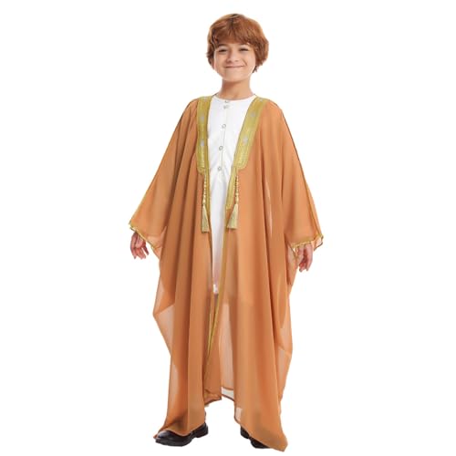 IDOPIP Muslim Thobe for Boys Islamic Arabic Kaftan Robe Ramadan Kids Long Sleeve Embroidery Tassels Open Front Cardigan Thobe - color: Camel, size: 11-12 Years