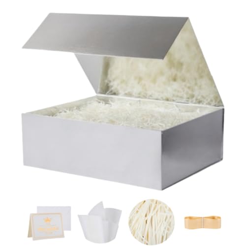 UoeRing 1 Pcs Silvery Gift Box 11.5x8x4 Inch with Magnetic Lid | Collapsible Luxury Present Box,for Birthday,Christmas Holiday Gift Includes Card,Ribbon,Tissue Paper & Shredded Filler - color: 11.5x8x4 Inch-Silvery-Pack of 1