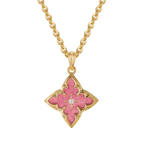 Gold Necklace for Women Charm Clover Pendant Gold Statement Necklaces - color: Pink-Rhodonite
