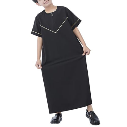 Boys Short Sleeve Muslim Thobes Islamic Kids Half Zipper Eid Traditional Prayer Kaftan Thobes Toddler Abaya Clothes - color: Black, size: 11-12 Years