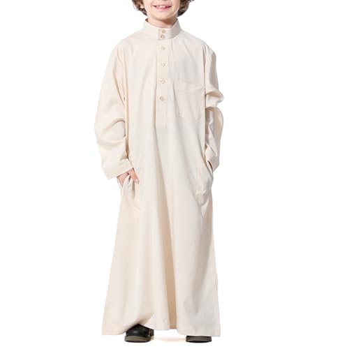 Arabic Thobe For Muslim Boys Robes Long Sleeve Kaftan With Pockets Solid Color Middle East Abayas Dubai Clothing 3-14T - color: Beige, size: 3-4T