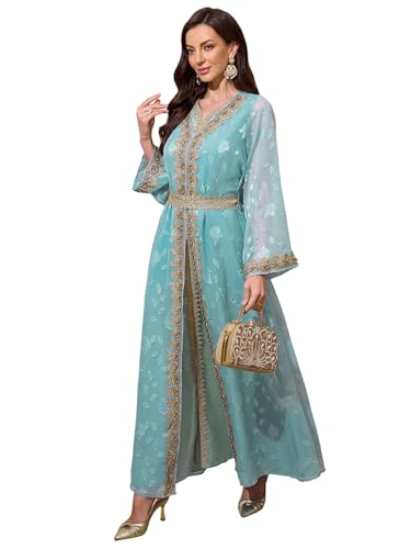 Abaya Dress for Women Muslim Moroccan Maxi Kaftan Dress Arabic Islamic Dubai Robe Ramadan Prayer Wedding Clothes - color: Green, size: Large