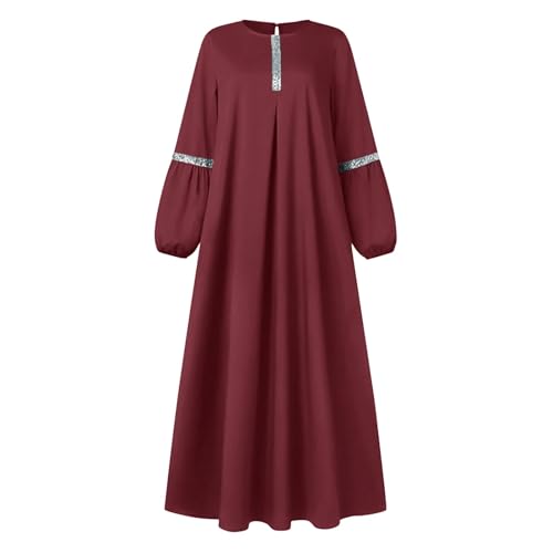 Muslim Prayer Dress Long Sleeve Round Neck Loose Abaya Maxi with Sequin Detail Flowy Sun Dress Casual Cover Up - color: 01#_wine, size: X-Large