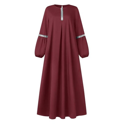 Muslim Prayer Dress Long Sleeve Round Neck Loose Abaya Maxi with Sequin Detail Flowy Sun Dress Casual Cover Up - color: 01#_wine, size: Small
