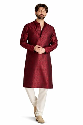 Sojanya (Since 1958 Men'S Teal Silk Blend Kurta Churidar Pyjama Set - color: Red and Off White, size: Medium