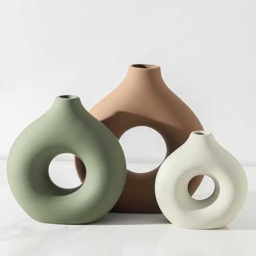 Vanselia Ceramic Vase Home Table Decor - Flower Vases Set of 3 Small Living Room Centerpiece Decorations for Shelf Bedroom Office Kitchen Dining Desk Modern Aesthetic Farmhouse Decorative (Brown) - color: Brown