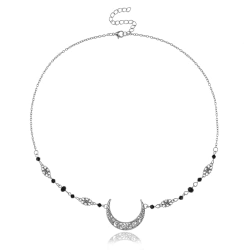 Yalice Boho Crescent Moon Head Chain Vintage Black Crystal Forehead Headpieces Rhinestone Witchy Halloween Hair Jewelry for Women - color: Silver-Black