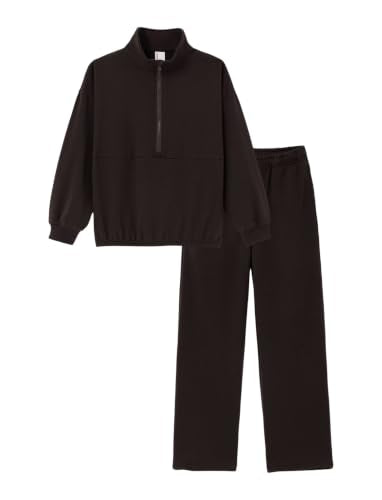 PATPAT Girls Sweatsuit 2 Piece Outfit Half Zip Sweatshirt Wide Leg Pants - color: Dark Brown, size: 9-10 Years