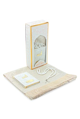 ihvan online Taffeta Fabric Muslim Prayer Rug, Velvet Covered Yaseen Surah Pocket Size Book, Prayer Beads Set with Kraft Boxed, Dowry Box for Men & Women, Islamic Ramadan Eid & Wedding Gifts, White - color: White