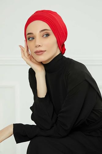 Aisha's Design Instant Turban Head Wraps for Women, Combed Cotton Scarf Lightweight Pre tied Hijab with Back Rose Detail - color: Red