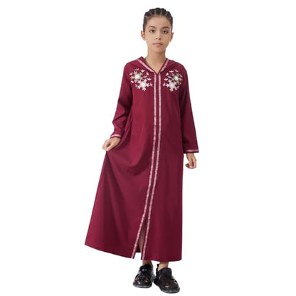 Kids Girls Abaya Muslim Eid Dress Gold Embroidered Lace Hooded Maxi Kaftan Robe Islamic Dubai Prayer Clothes - color: B-red, size: 12 Years