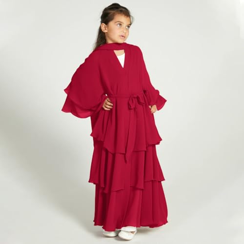 Chiffon layered Open Abaya Dubai Kaftan Muslim Cardigan Abayas Dresses For Girls Casual Robe Kimono Islam Clothing - color: Claret, size: 11-12 Years