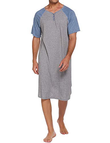 Ekouaer Sleepwear Men's Nightshirt Short Sleeve Pajamas Comfy Big & Tall Henley Sleep Shirt M-XXXL - color: Grey With Light Blue, size: Large