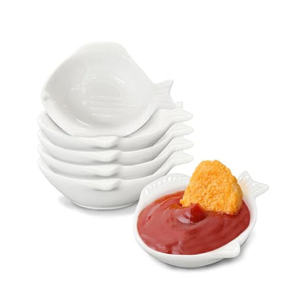 Set of 6 Fish Shape Sauce Dishes,Porcelain Dipping Bowls,Appetizer Plate,Dishwasher Safety,for Ketchup Salad Wasabi Sushi Chips Meats Veggies