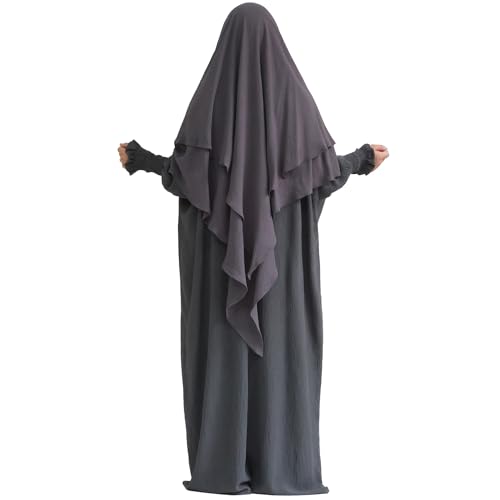 khalat Womens Muslim Prayer Dress Front Zipper Kaftan Islamic Robe Modest Solid Abayas for Women Muslim - color: Dark Gray+hijab