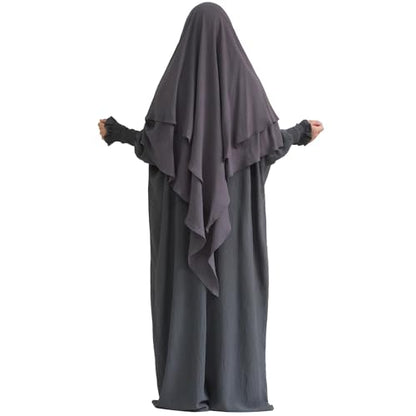 khalat Womens Muslim Prayer Dress Front Zipper Kaftan Islamic Robe Modest Solid Abayas for Women Muslim - color: Dark Gray+hijab