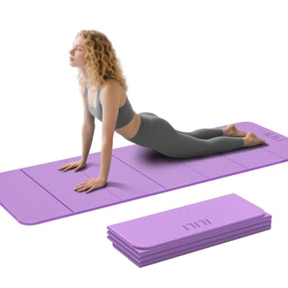 ILILI Foldable Yoga Mat 71 * 24 * 0.3 Inch | Lightweight TPE Non Slip Exercise Mat, Waterproof Portable Fitness Mat for Home Gym, Pilates, Stretching & Daily Workouts - color: Violet