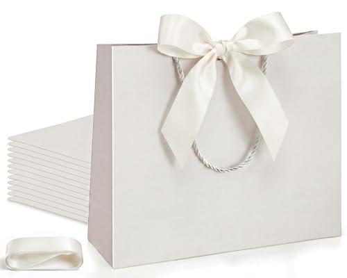 Silkfly 12 Pcs Paper Gift Bags with Handles & Bow Ribbon, Ivory - color: Ivory