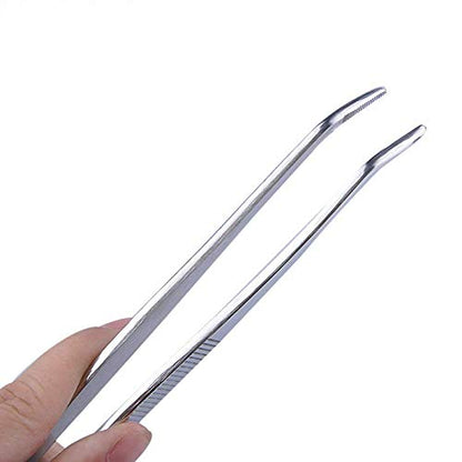 10 Inch Bent Tip Long Forceps Tweezers, Serrated Flat Tips Precision Curved Surgical Tongs Jewelers Needle Metal Sewing Sharp Kitchen Cooking Tweezers With Teeth Knurled Handles (1PCS-250mm) - color: Bent -1pcs-10inch