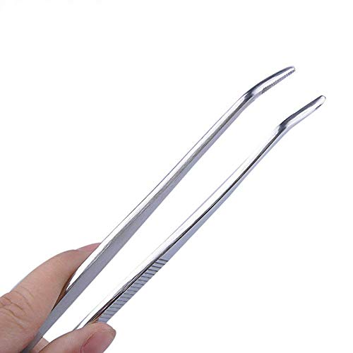10 Inch Bent Tip Long Forceps Tweezers, Serrated Flat Tips Precision Curved Surgical Tongs Jewelers Needle Metal Sewing Sharp Kitchen Cooking Tweezers With Teeth Knurled Handles (1PCS-250mm) - color: Bent -1pcs-10inch