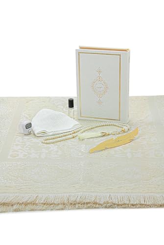 ihvan online, Muslim Prayer Rug Set, Arabic Quran, Prayer Beads, Mens Kufi Hat, Tasbeeh Counter, Islamic Scent, Dowry Gift Box for Men & Women, Janamaz, Salah Mat Gifts Set Wedding, Ramadan, White - color: White