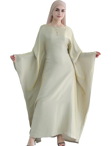 Dubai Bat Sleeve Dress Shiny Robe for Women Muslim 1pc Abaya Eid Prayer Clothes Soft Dubai Travel Party Dress Maxi Abaya - color: Beigea, size: Large