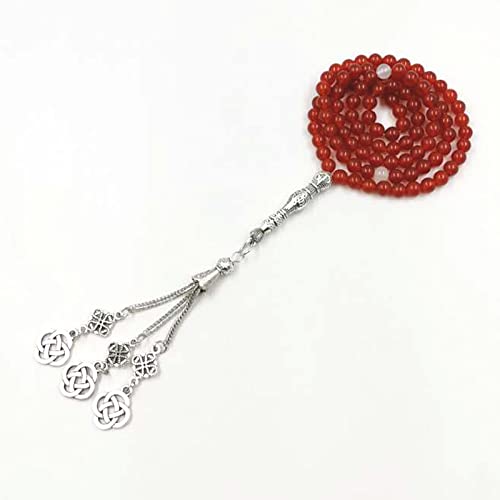 Women Necklace 99 Beads Muslim tasbih Prayer Bead Natural red Agate with White Agate Islamic Turkish Jewelry (6mm x 99 Beads)