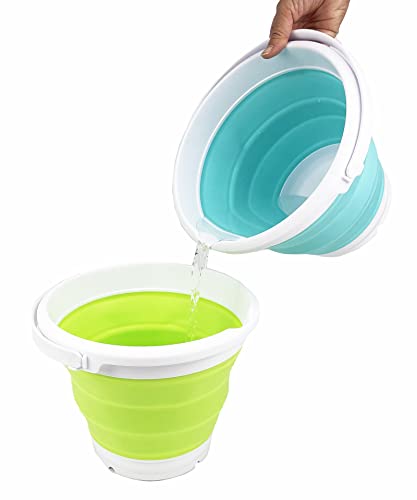 SAMMART 5.5L (1.4 Gallon) Set of 2 Collapsible Plastic Bucket - Foldable Round Tub - Portable Fishing Water Pail - Space Saving Outdoor Waterpot. (Grass Green + Bright Blue) - color: Grass Green + Bright Blue