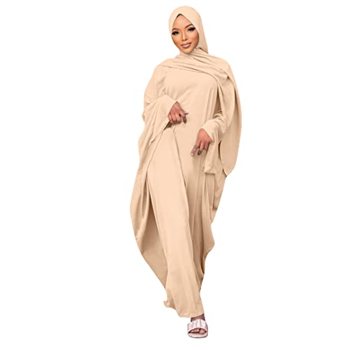 Muslim Dress for Women Pakistani Kaftan Abaya Robe + Hijab Arabic Islamic Prayer Clothes Dubai Outfits - color: Apricot Set