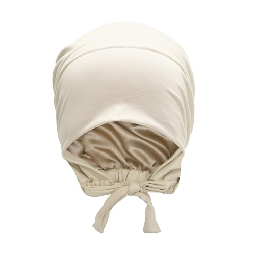 ZLYC Satin Lined Hijab Cap for Women Tie Back Undercap Underscarf Hat - color: Solid Beige