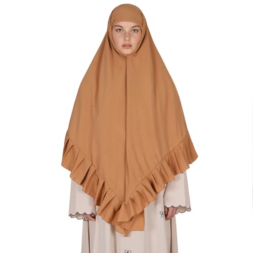 Prayer Hijab for Women Muslim Cotton Blend Lightweight Ruffled Square Scarf - color: Camel