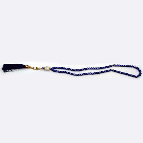 BAYKUL Muslim Prayer Beads 99, Islamic Rosary with Silver Allah Muhammad Engraved Tasbih, Zikr Namaz Worship Ramadan Tesbih Bracelet - color: Navy Blue Pearl